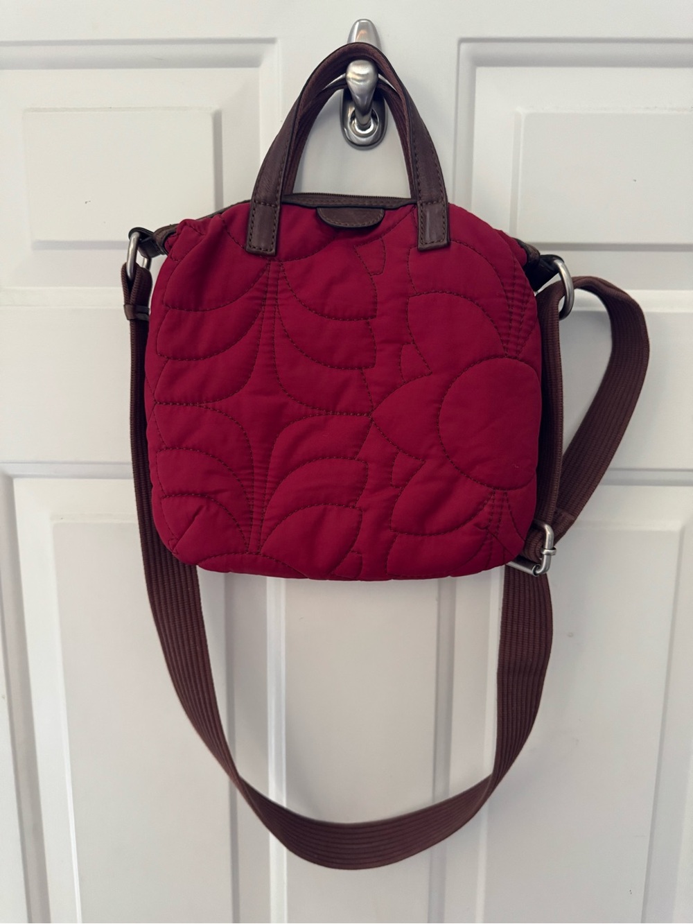 Quilted Fossil Red Crossbody Bag with Brown Trim